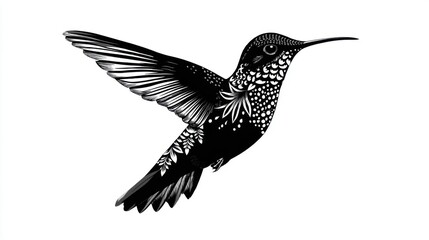 Obraz premium A delicate hummingbird hovers mid-air, displaying its vibrant feathers and intricate patterns. The background is minimal, highlighting the beauty of the bird.
