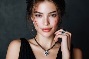 Obraz premium Close-Up Portrait of a Young Woman with Long Brown Hair and Bright Blue Eyes Wea Jewelry and a Black Top, Studio Shot