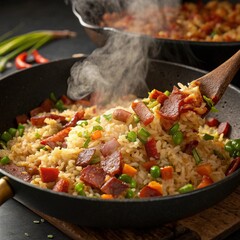  Exploding bacon fried rice food delicious flavorful.