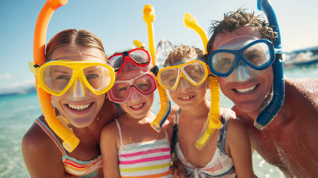 Joyful family with snorkels ready for a day of swimming and beachside fun