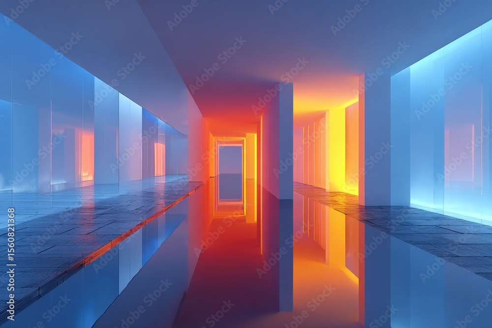 Aufkleber Futuristic brightly lit hallway with colorful glowing illuminated walls and reflective floor creating a modern abstract architectural scene