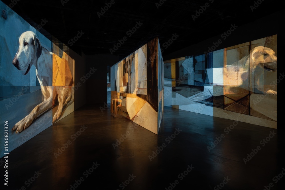Poster Immersive Digital Art Installation Featu Projected Abstract Animal and Geometric Patterns on Curved Walls in a Dark Modern Gallery Space