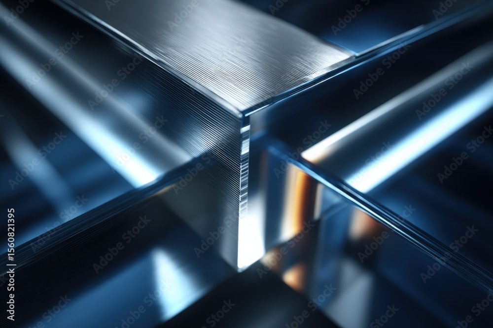 Poster close-up of a modern sleek metallic architectural structure with reflective surfaces and geometric e