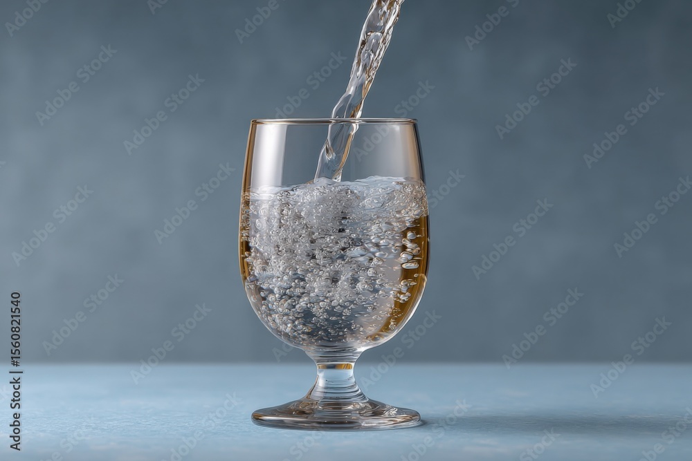 Poster clear glass goblet with cold sparkling water being poured inside on a blue surface and gray backgrou