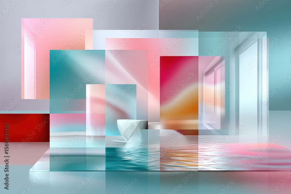 Aufkleber Abstract modern art installation featu colorful translucent panels and reflections creating a vibrant contemporary interior design scene