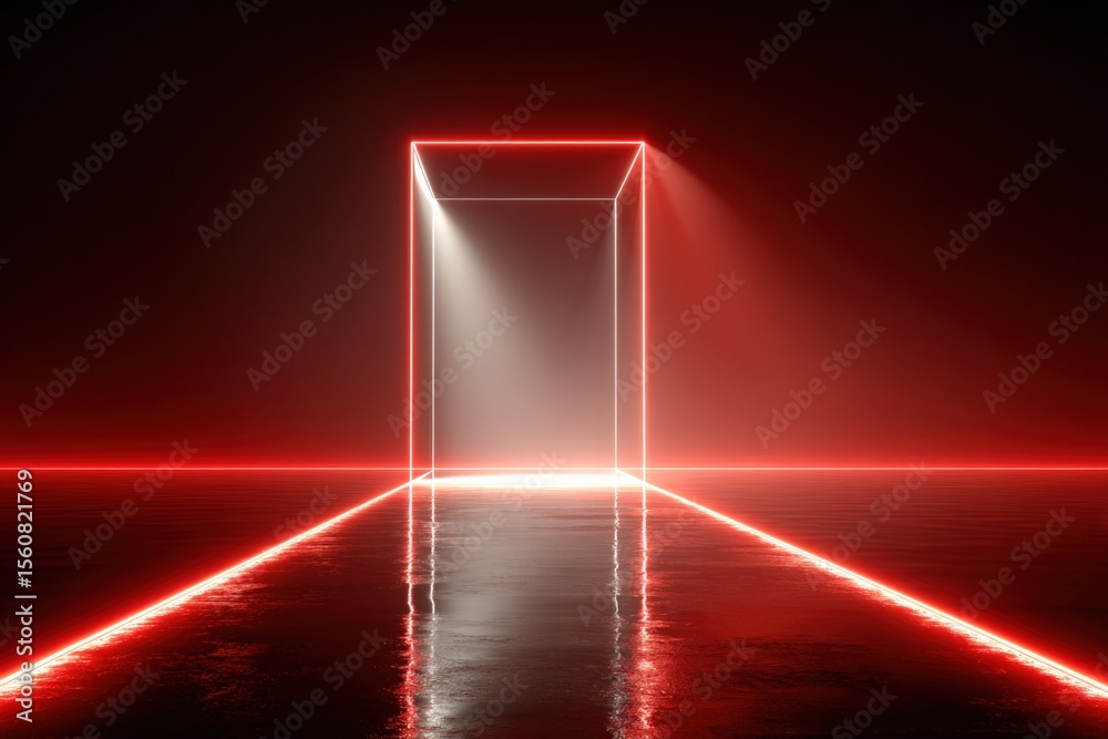 Aufkleber Futuristic glowing neon doorway illuminated with red and white lights in a dark reflective environment creating a mysterious tunnel effect