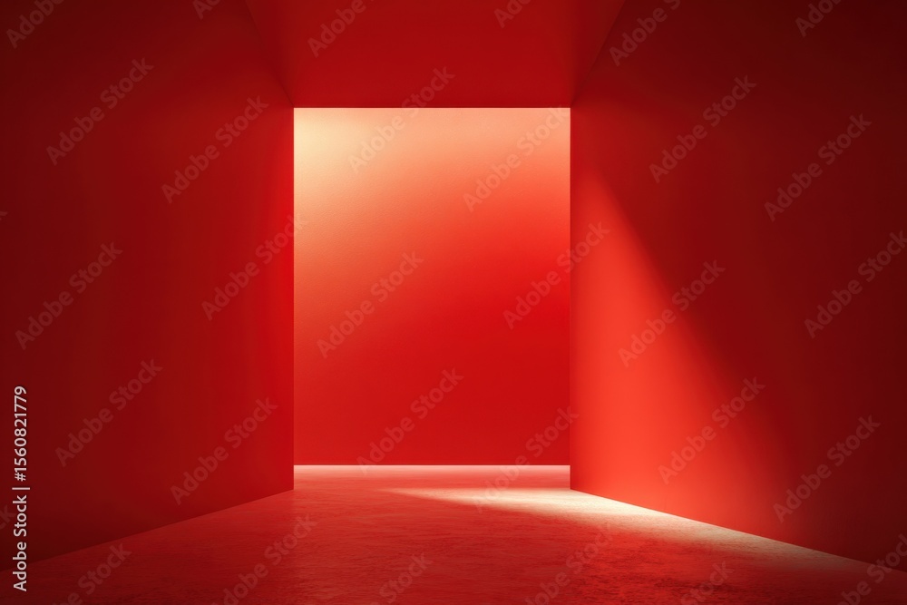 Poster Vibrant Red Room with Sunlight Streaming Through an Open Doorway Creating Bright Illumination and Deep Shadows in Modern Interior Design