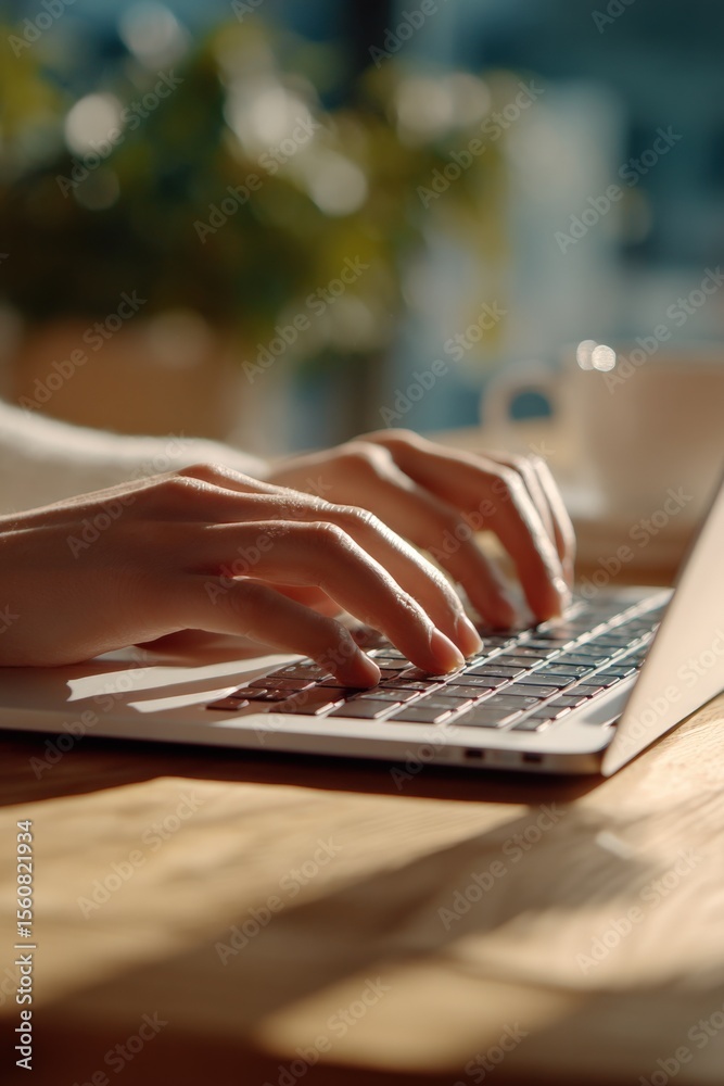 Aufkleber Close-up of hands typing on a laptop keyboard in a cozy environment with sunlight illuminating the workspace and blurred background