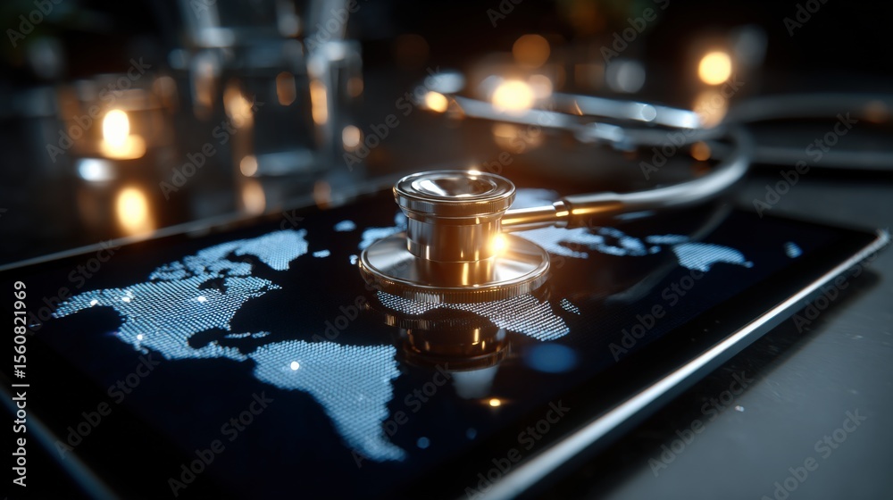 Aufkleber Modern digital tablet displaying a world map with glowing lights and a reflective surface in a dark setting for technology and global connectivity concepts