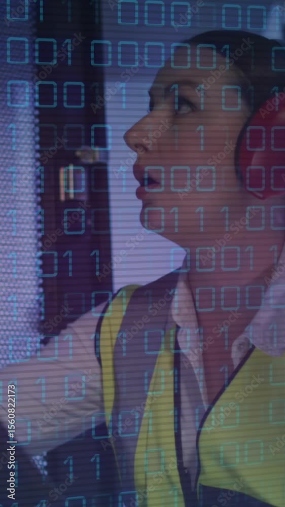 Poster animation of binary coding over diverse people in server room