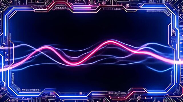 Unleash creativity with an innovative Futuristic tech Border Frame with circuit like edges that radiates with rich cobalt and magenta hues, as sinewy light waves move seamlessly around its