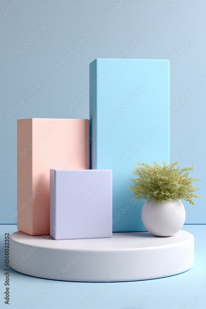 Aufkleber Minimalist pastel colored geometric display with rectangular and square blocks arranged on a round white platform with a small green plant in a white pot against a soft blue background