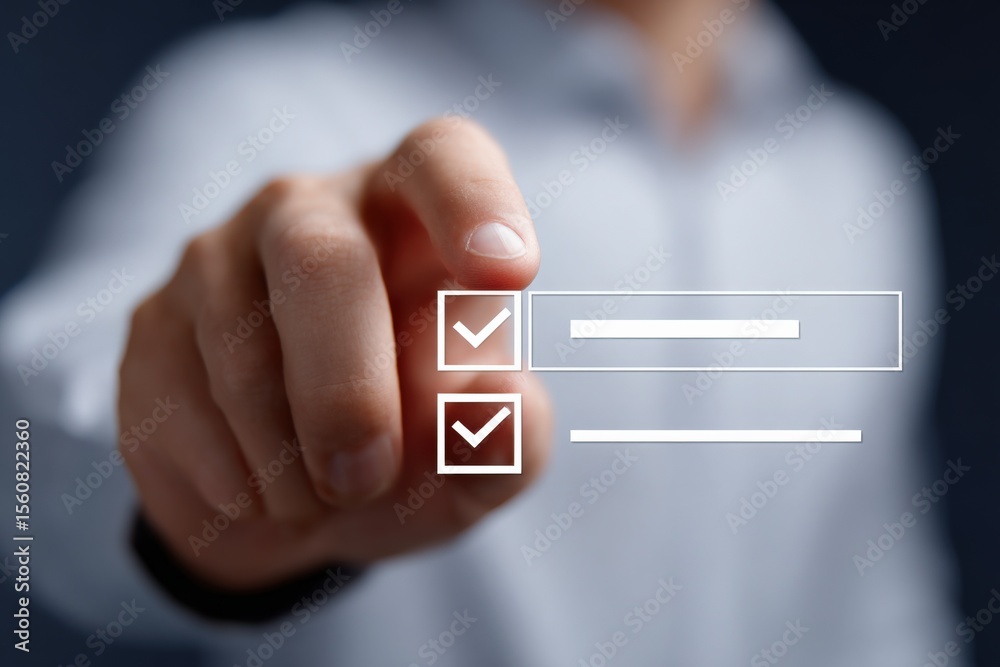 Poster Businesswoman in formal attire checking off tasks on transparent digital interface with checkmarks and progress bar, modern office environment