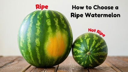 two ripe watermelons on a wooden surface with the words "how to choose a ripe watermelon" written on it, against a white background.