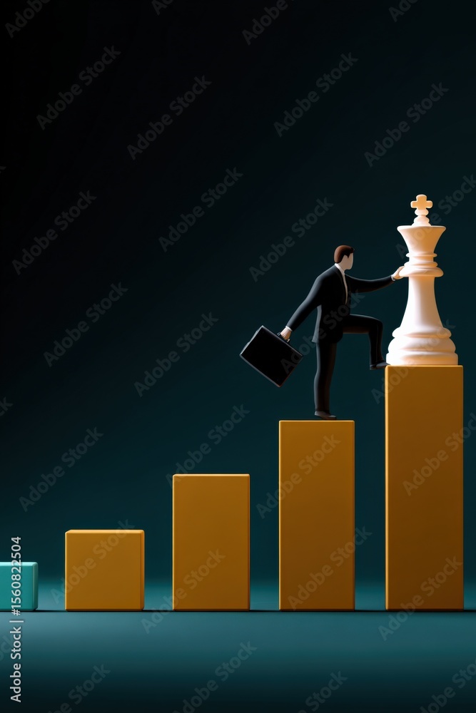 Poster businessman climbing golden bar chart with briefcase reaching top position represented by large ches