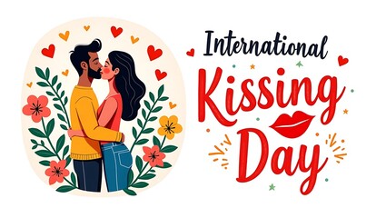 Couple sharing a tender kiss surrounded by flowers and hearts isolated on white background