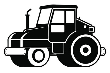 Black and White Road Roller Illustration Featuring Cabin and Large Cylindrical Wheels