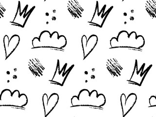Doodle seamless pattern with hand drawn black sketch elements, Includes playful crowns, hearts, clouds on white background. Crayon style texture with a fun, artistic vibe. Perfect for kids products