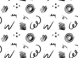 Seamless vector pattern with abstract hand drawn scribbles, swirls, dots, textured lines. Rough crayon and brush stroke elements create a playful and expressive style. Perfect for modern textile
