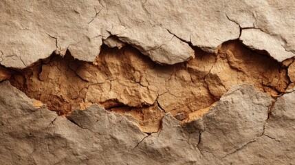 Fototapeta premium Dry earth shows deep cracks, exposing various layers beneath the surface. This occurrence reflects the harsh impact of drought in the region, emphasizing soil erosion.