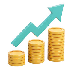 3d render of growing gold coin stacks with upward arrow isolated on transparent background