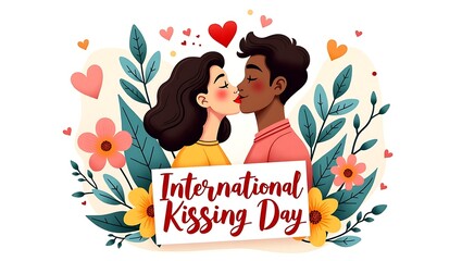 Diverse couple sharing a kiss celebrating international kissing day surrounded by flowers and hearts isolated on white background