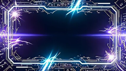 Step into a realm of innovation with a Futuristic tech Border Frame with circuit like edges, surrounded by bursts of shimmering teal and light purple energy that ebb and flow rhythmically,