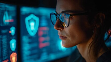 A woman with glasses gazes intently at glowing blue computer screens. Security icons reflect in the lenses. The background is dark - Powered by Adobe