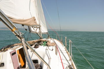 A small sailing yacht on the south coast of England, view from the Skippers perspective