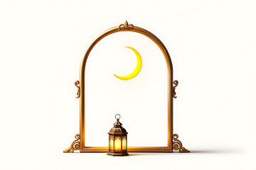 Ornate golden archway with crescent moon and glowing lantern on white background