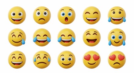 Fototapeta premium Expressive Yellow Emoji Collection: Diverse Emotions, 3D Rendered on White Background