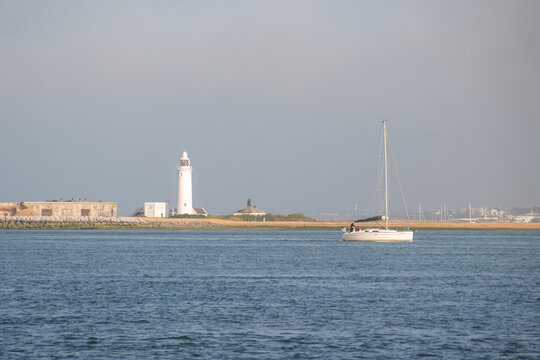 A view of Hurst Castle in the Solent near to Lymington. Sea defenses dating back to 1541
