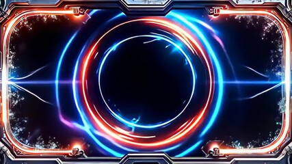 Unleash creativity with a Futuristic tech Border Frame with circuit like edges, encircled by vibrant, dynamic spirals of color that pulse and morph, generating a captivating aura, all set