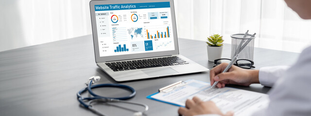Computer software for website traffic analytics data on computer screen. Concept of SEO search...