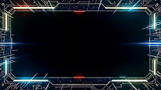 Step into a world of innovation with a Futuristic tech Border Frame with circuit like edges, framed by radiant bursts of color that oscillate and shift, forming an enchanting display