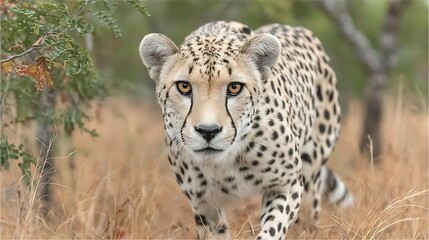 the image features a large cat with spotted fur, focused and moving forward. the animal's head is in clear focus, showing its eyes and facial markings