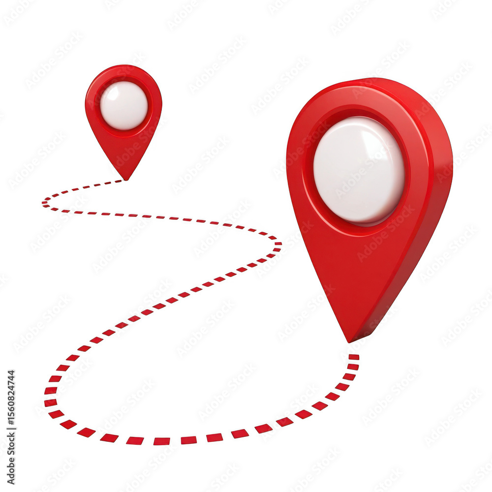 Poster 3d realistic red map markers with route isolated on transparent background