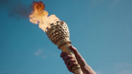 A golden torch, aflame, is held aloft against a vast blue sky. The detailed, textured head and handle gleam brightly - Powered by Adobe