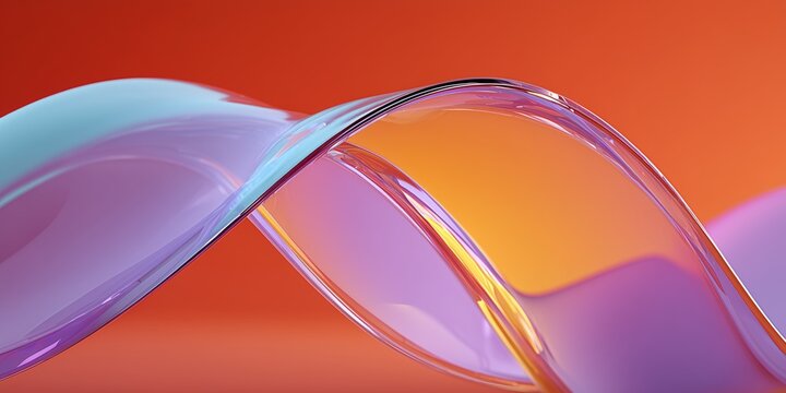 Smooth Glass-Like 3D Shapes Bending Light in Purple, Blue, and Orange on a Vibrant Red Background

