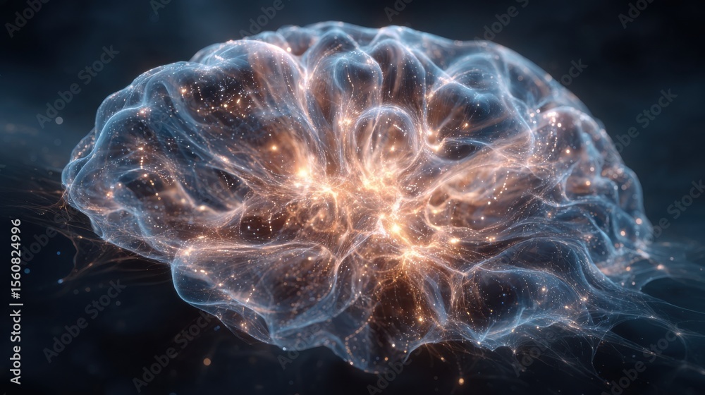 Fototapete A captivating view of a brain showcasing interconnected neurons and shimmering synapses against a dark background, illustrating the complexity of neural activity and brain function.