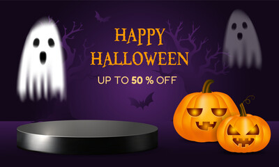 Halloween banner, horizontal template for 50% discount