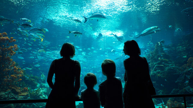 Silhouetted family of four admiring ocean life inside an aquarium