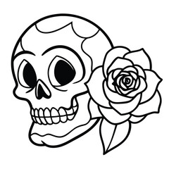 A striking vector illustration of a skull with a rose, symbolising death and danger, perfect for tattoo art or Halloween designs