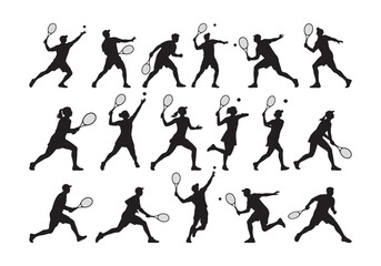 Tennis player silhouette vector collection with male and female action poses 