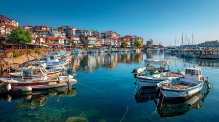 Sozopol marina filled with fishing and leisure boats, one of Bulgariaâ€™s oldest seaside towns