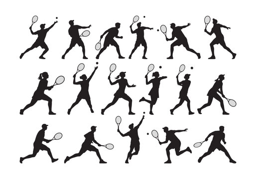 Tennis player silhouette vector collection with male and female action poses 