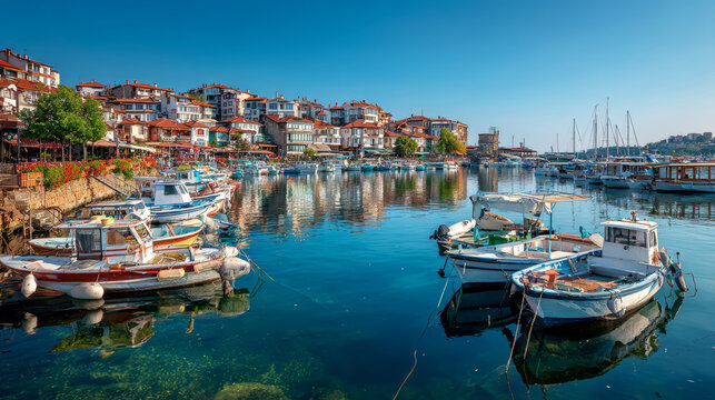 Sozopol marina filled with fishing and leisure boats, one of Bulgariaâ€™s oldest seaside towns - Powered by Adobe