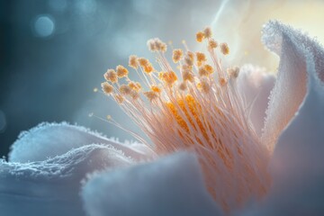 Close-up of a delicate, frost-covered flower's stamens, bathed in soft light.