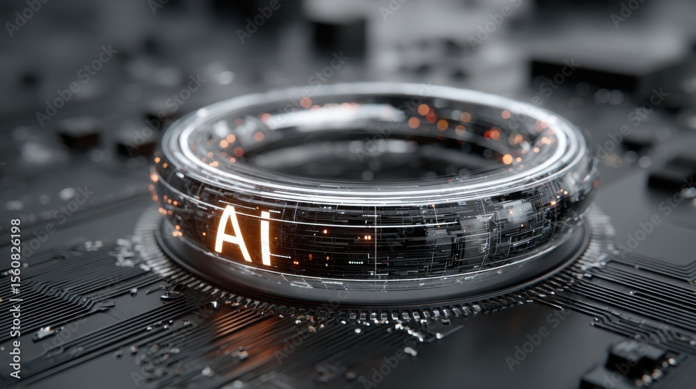 Poster a circular digital representation of artificial intelligence is displayed on a circuit board, featur