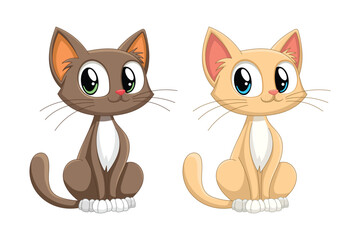 Two cartoon cats, one brown and one orange, are sitting side-by-side
